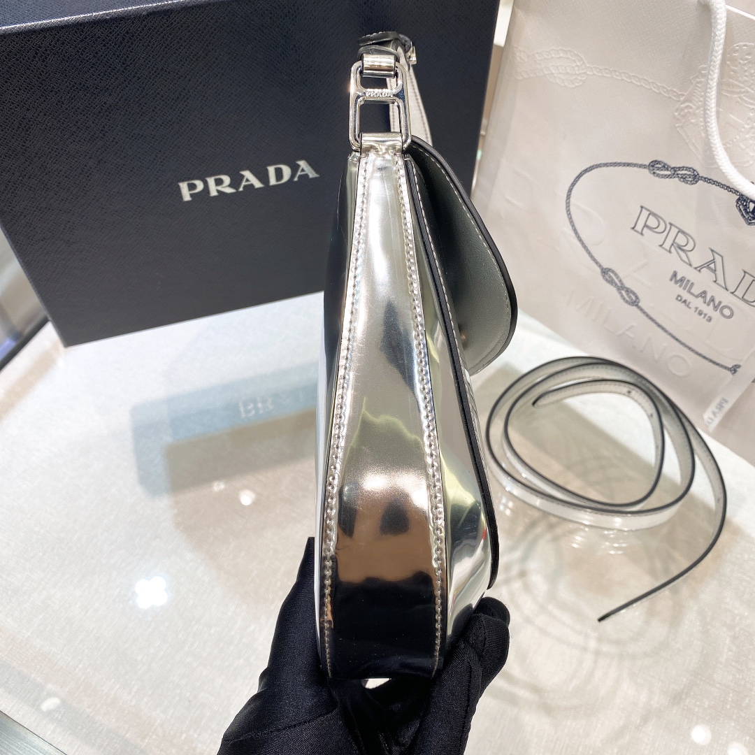 Prada Cleo Brushed Leather Shoulder Bag In Silver(24-19-6cm)   1BD303 - EUR FASHION