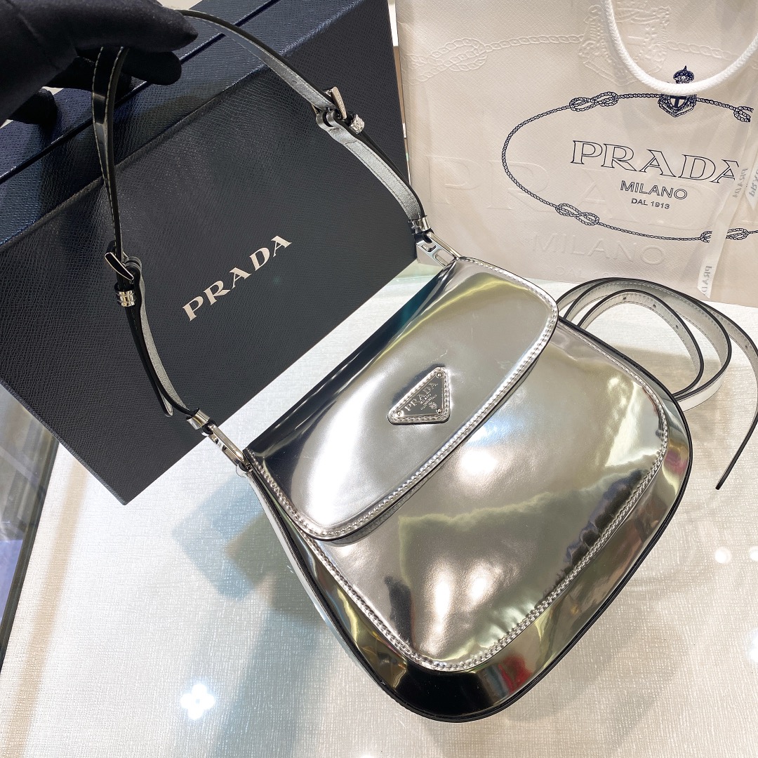Prada Cleo Brushed Leather Shoulder Bag In Silver(24-19-6cm)   1BD303 - EUR FASHION