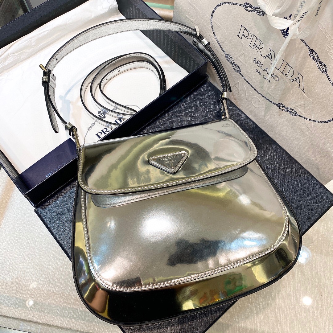 Prada Cleo Brushed Leather Shoulder Bag In Silver(24-19-6cm)   1BD303 - EUR FASHION