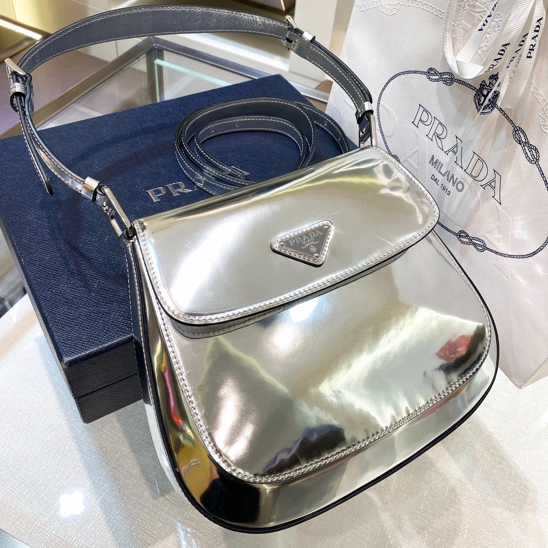 Prada Cleo Brushed Leather Shoulder Bag In Silver(24-19-6cm)   1BD303 - EUR FASHION