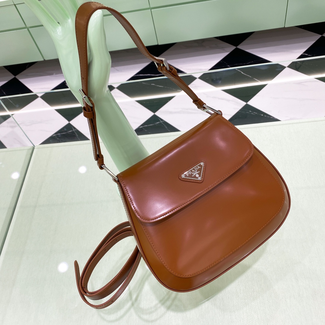 Prada Cleo Brushed Leather Shoulder Bag In Brown(24-19-6cm)   1BD303 - EUR FASHION