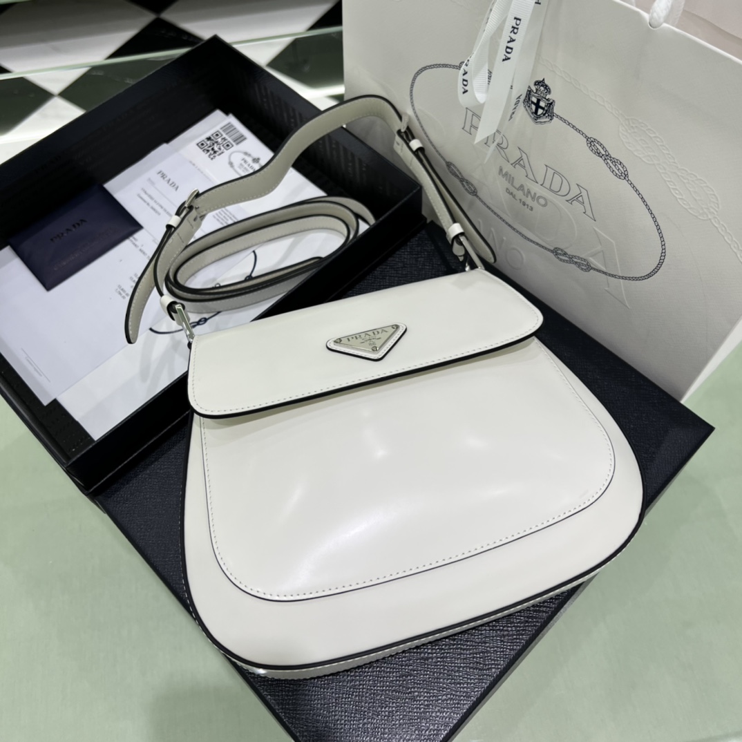 Prada Cleo Brushed Leather Shoulder Bag In White(24-19-6cm)   1BD303 - EUR FASHION