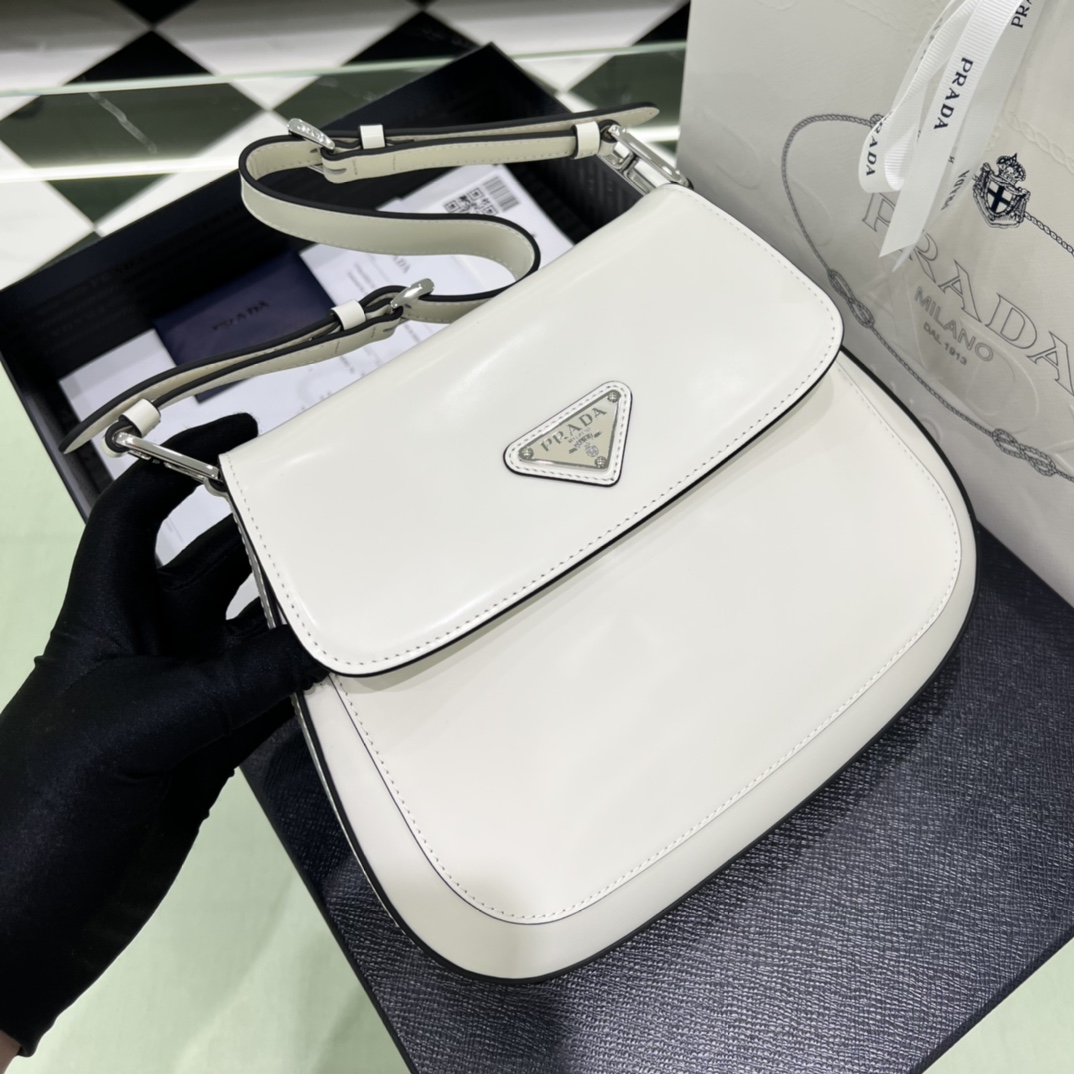 Prada Cleo Brushed Leather Shoulder Bag In White(24-19-6cm)   1BD303 - EUR FASHION