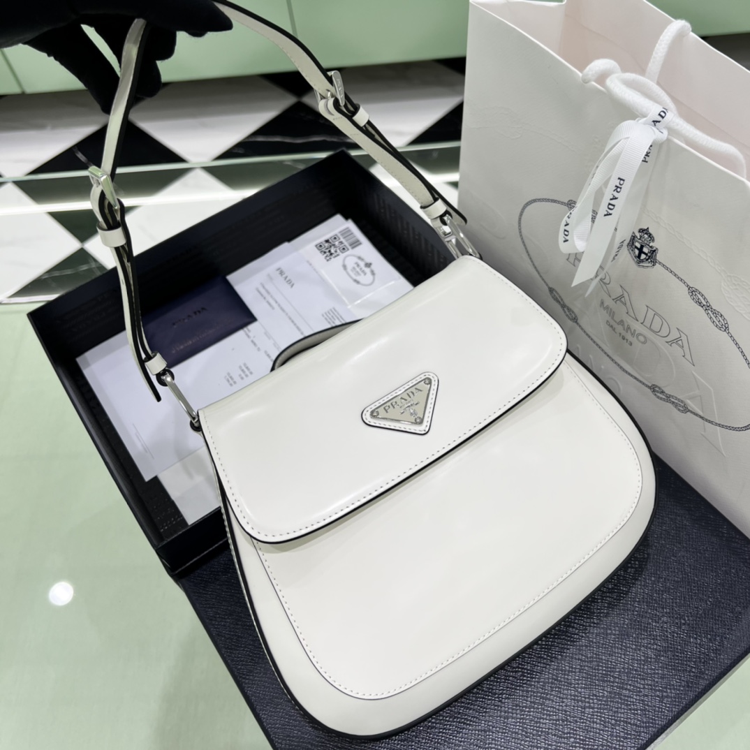 Prada Cleo Brushed Leather Shoulder Bag In White(24-19-6cm)   1BD303 - EUR FASHION