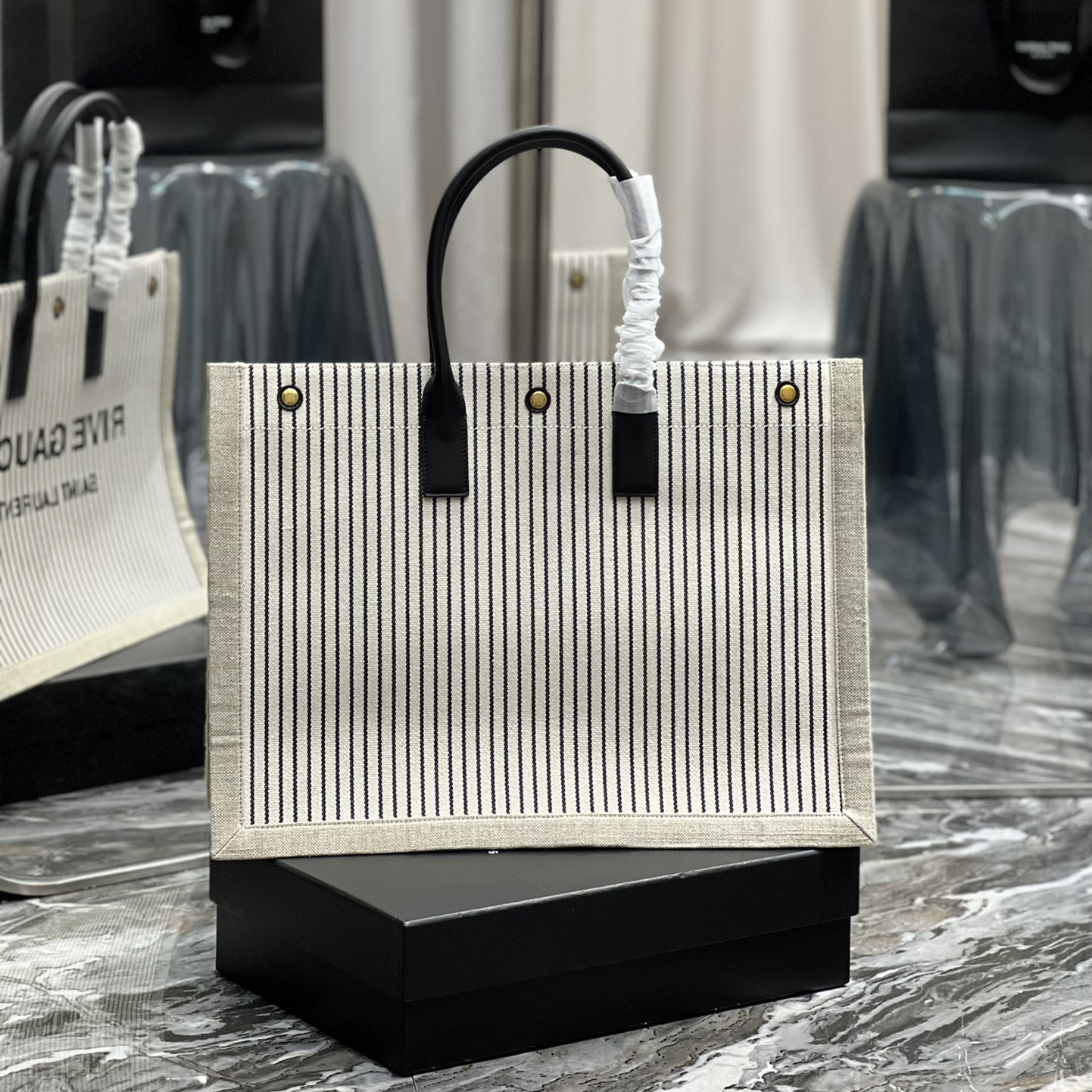 Saint Laurent Rive Gquche Tote Bag In Linen And Smooth Leather(48-36-16cm) - EUR FASHION