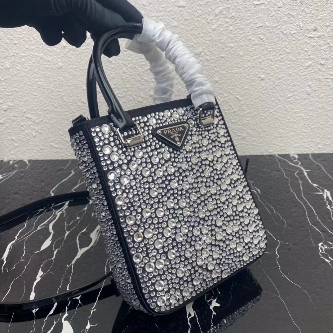 Prada Small Crystal-Studded Satin Tote Bag(17.5-15-5cm) - EUR FASHION
