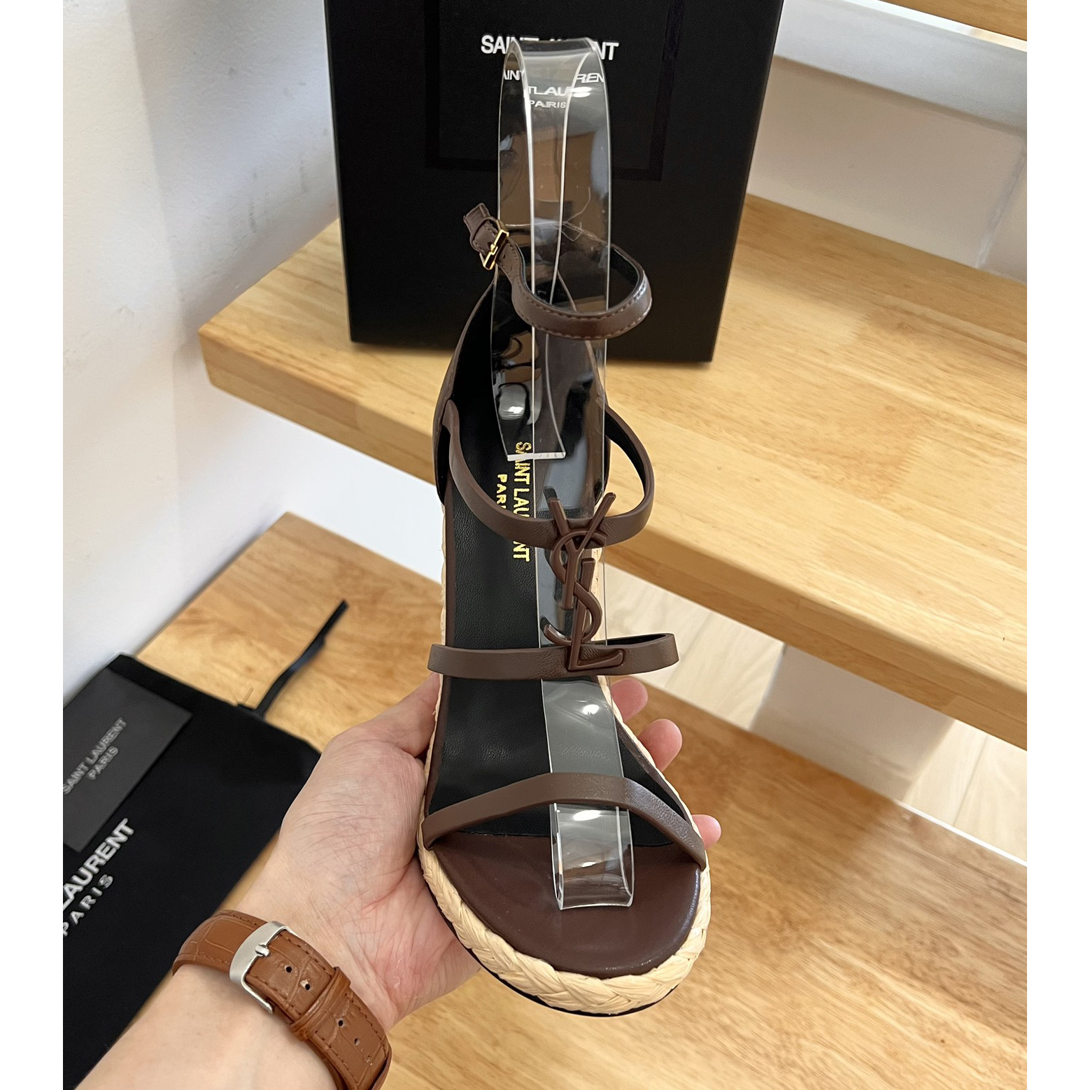 Saint Laurent Cassandra Wedge Espadrilles In Smooth Leather With Brown monogram - EUR FASHION
