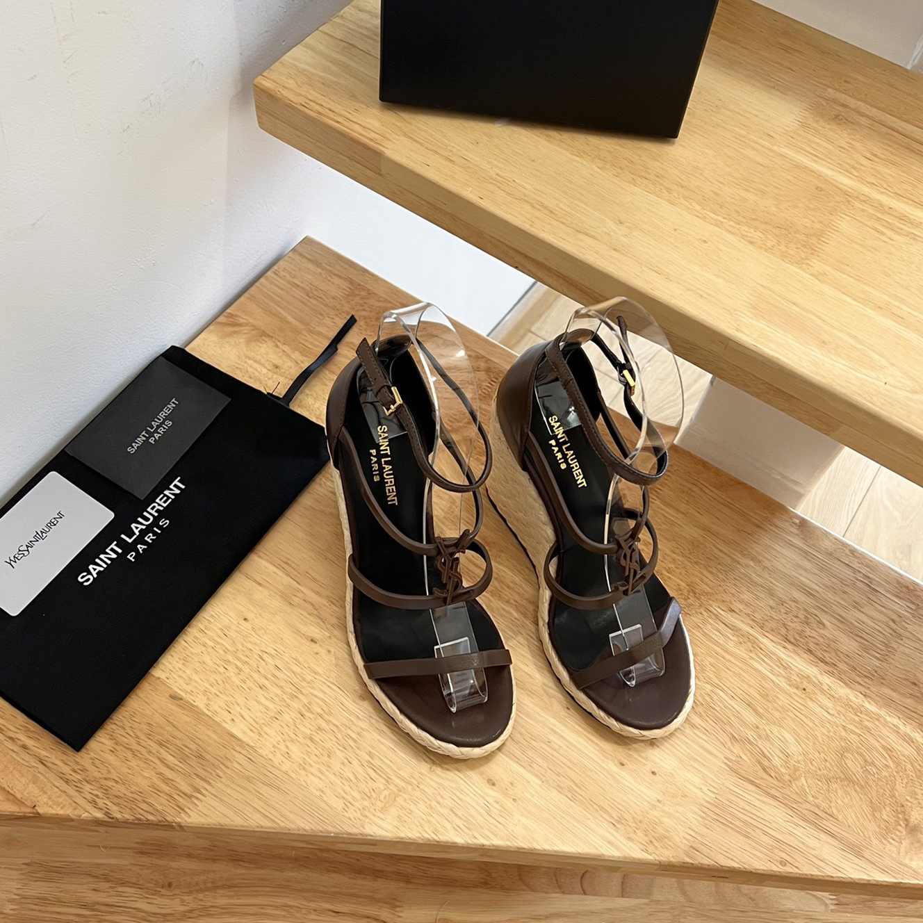 Saint Laurent Cassandra Wedge Espadrilles In Smooth Leather With Brown monogram - EUR FASHION