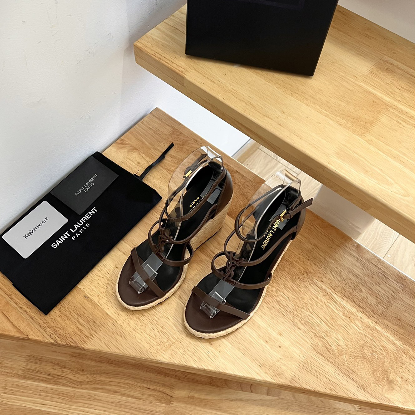 Saint Laurent Cassandra Wedge Espadrilles In Smooth Leather With Brown monogram - EUR FASHION