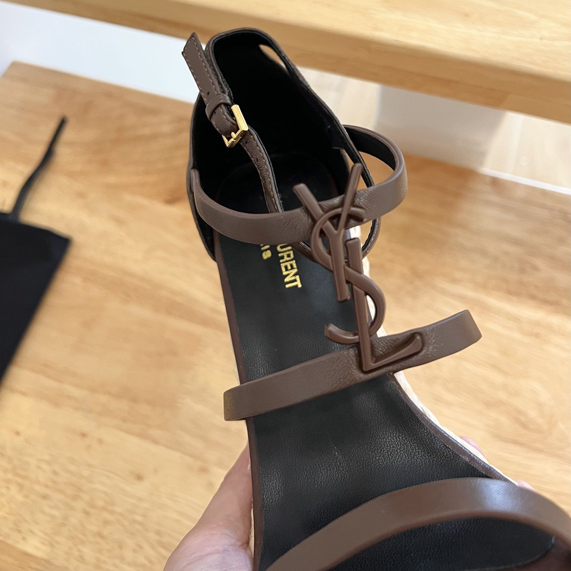 Saint Laurent Cassandra Wedge Espadrilles In Smooth Leather With Brown monogram - EUR FASHION