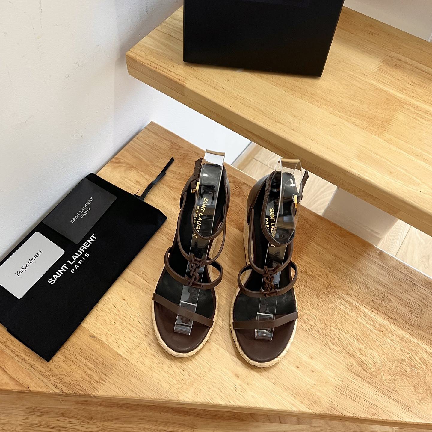 Saint Laurent Cassandra Wedge Espadrilles In Smooth Leather With Brown monogram - EUR FASHION