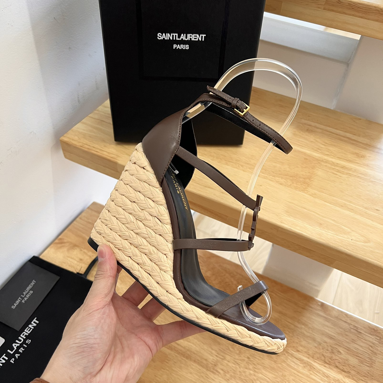 Saint Laurent Cassandra Wedge Espadrilles In Smooth Leather With Brown monogram - EUR FASHION
