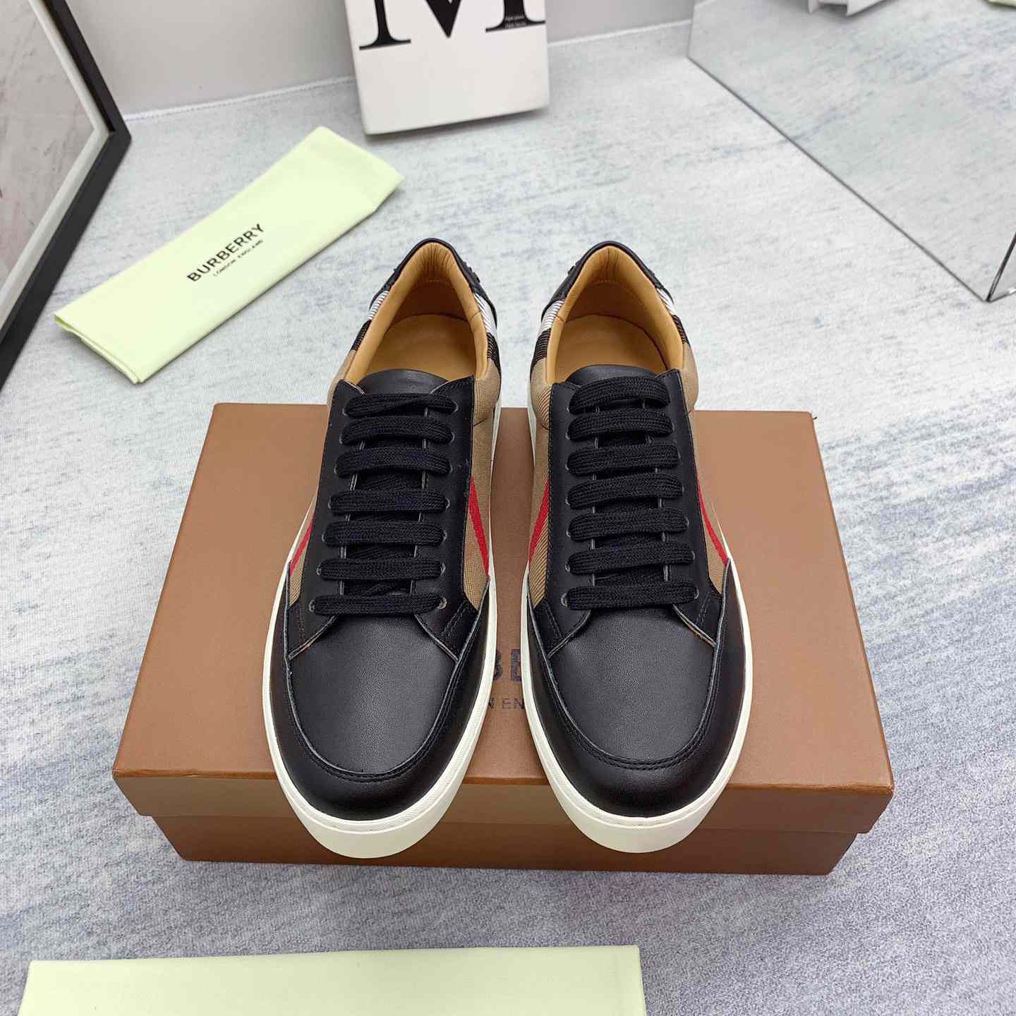 Burberry House Check Cotton And Leather Sneakers - EUR FASHION