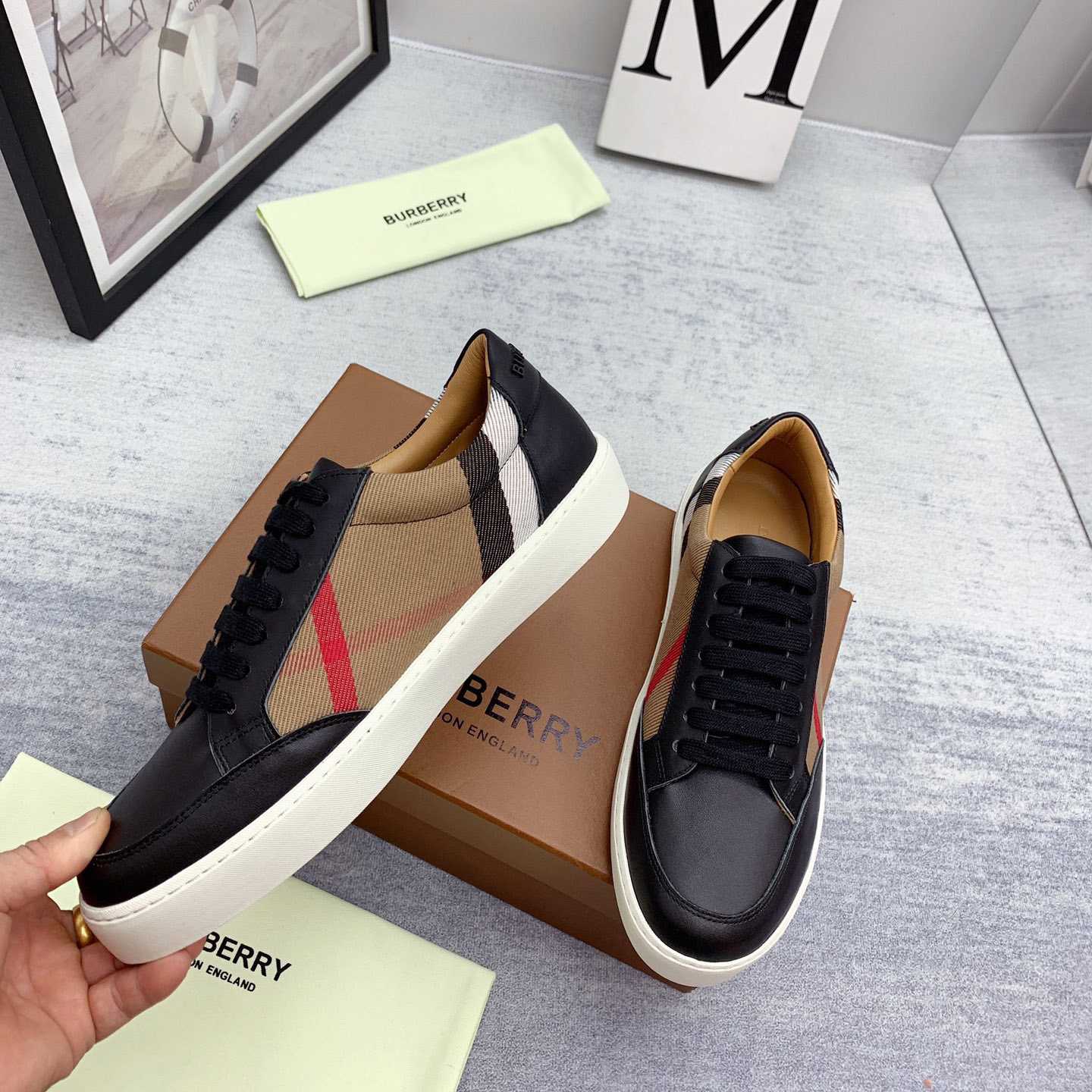 Burberry House Check Cotton And Leather Sneakers - EUR FASHION