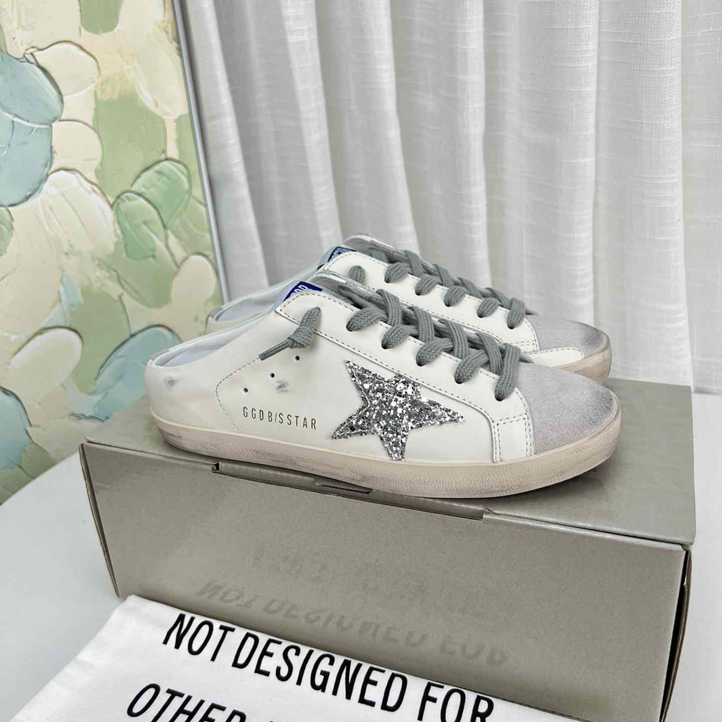 Golden Goose Super-Star Sabots In White Leather And Gray Suede With Silver Glitter Star - EUR FASHION