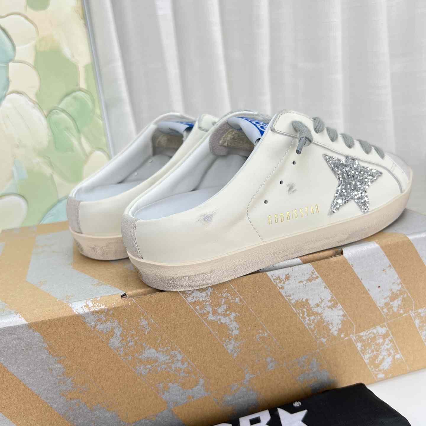 Golden Goose Super-Star Sabots In White Leather And Gray Suede With Silver Glitter Star - EUR FASHION