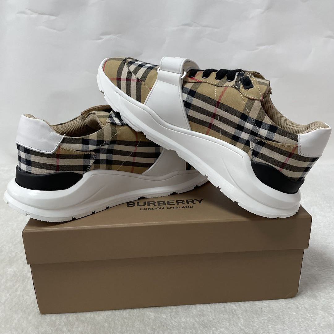 Burberry Check Cotton And Leather Sneakers - EUR FASHION
