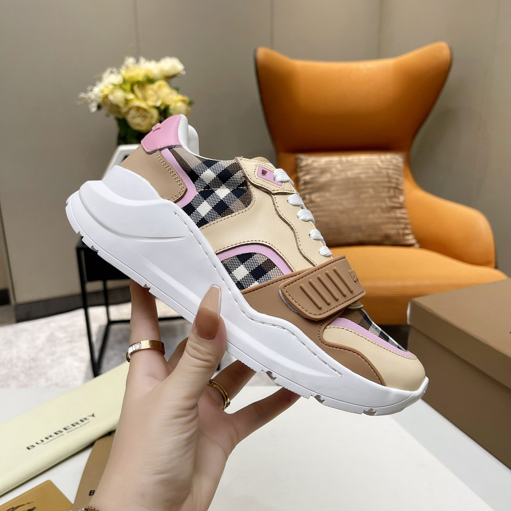 Burberry Check Cotton And Leather Sneakers - EUR FASHION