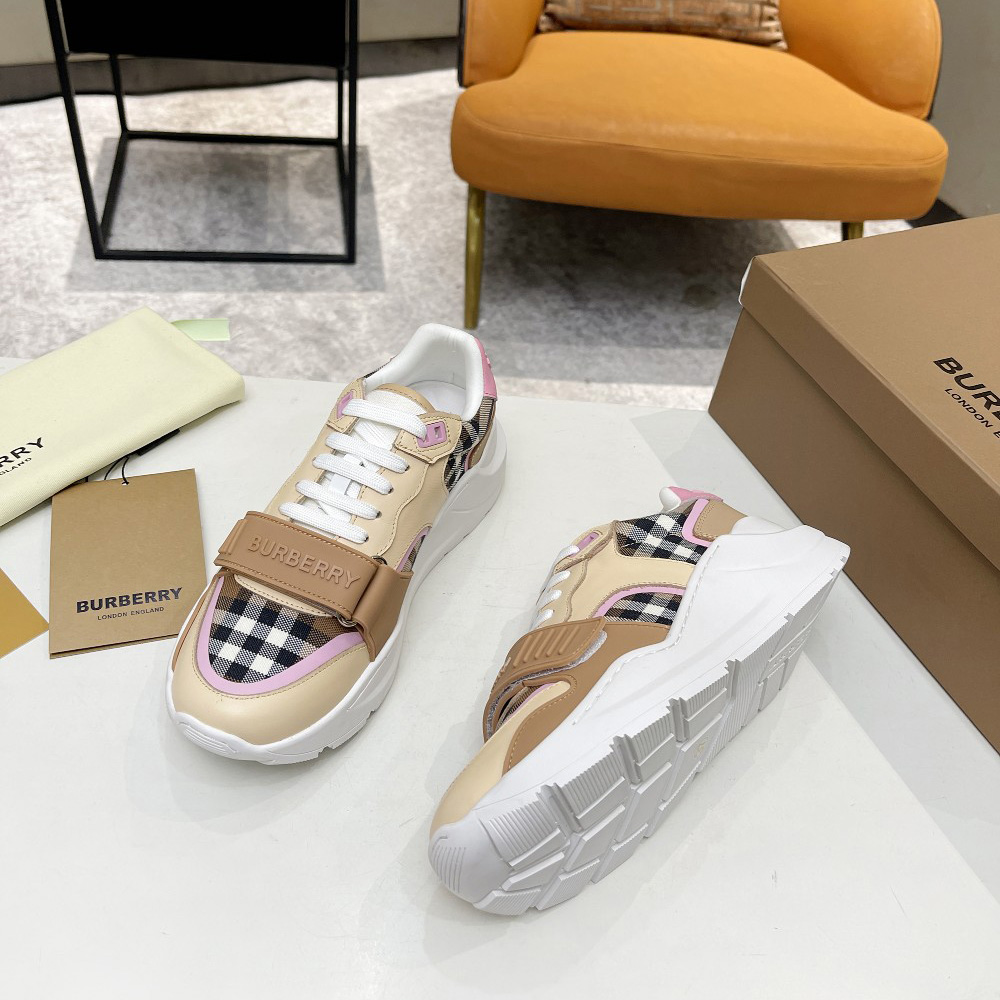 Burberry Check Cotton And Leather Sneakers - EUR FASHION