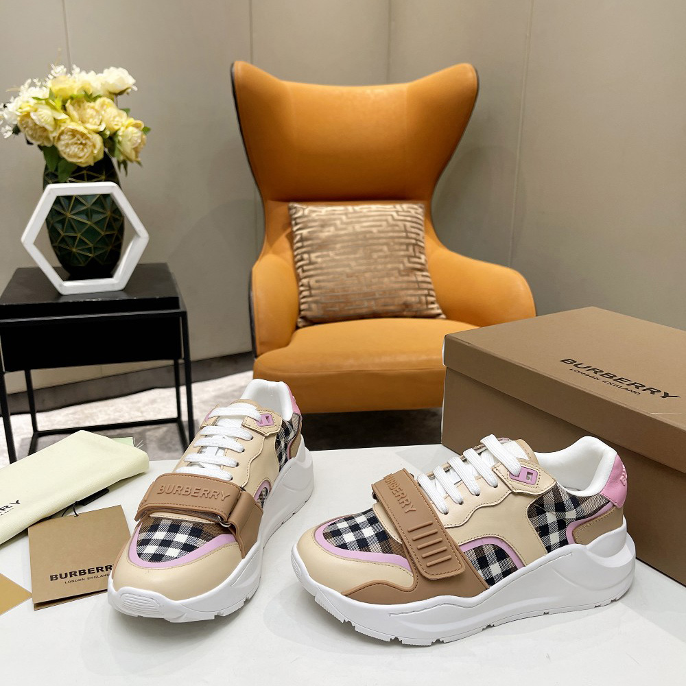 Burberry Check Cotton And Leather Sneakers - EUR FASHION