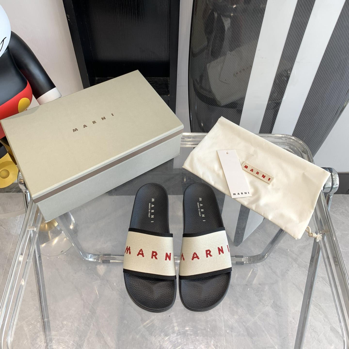 Marni Beige Logo Jacquard Rubber Slide - EUR FASHION
