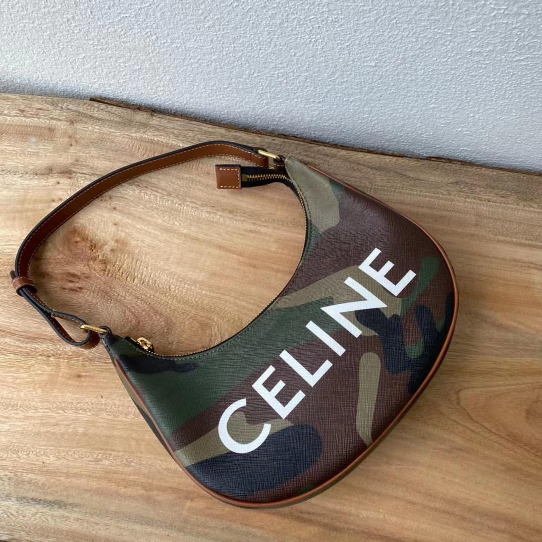 Celine Canvas Calfskin Camouflage Ava Logo Triomphe Shoulder Bag Khaki (24.5-18-7.5cm) - EUR FASHION