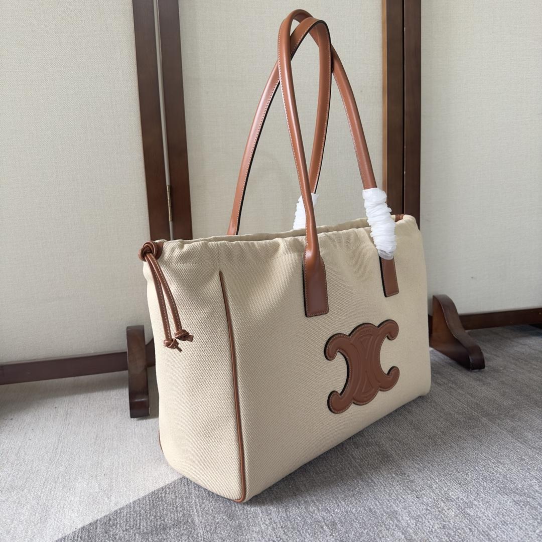 Celine Cabas Drawstring Cuir Triomphe In Textile And Calfskin Natural / Tan - EUR FASHION