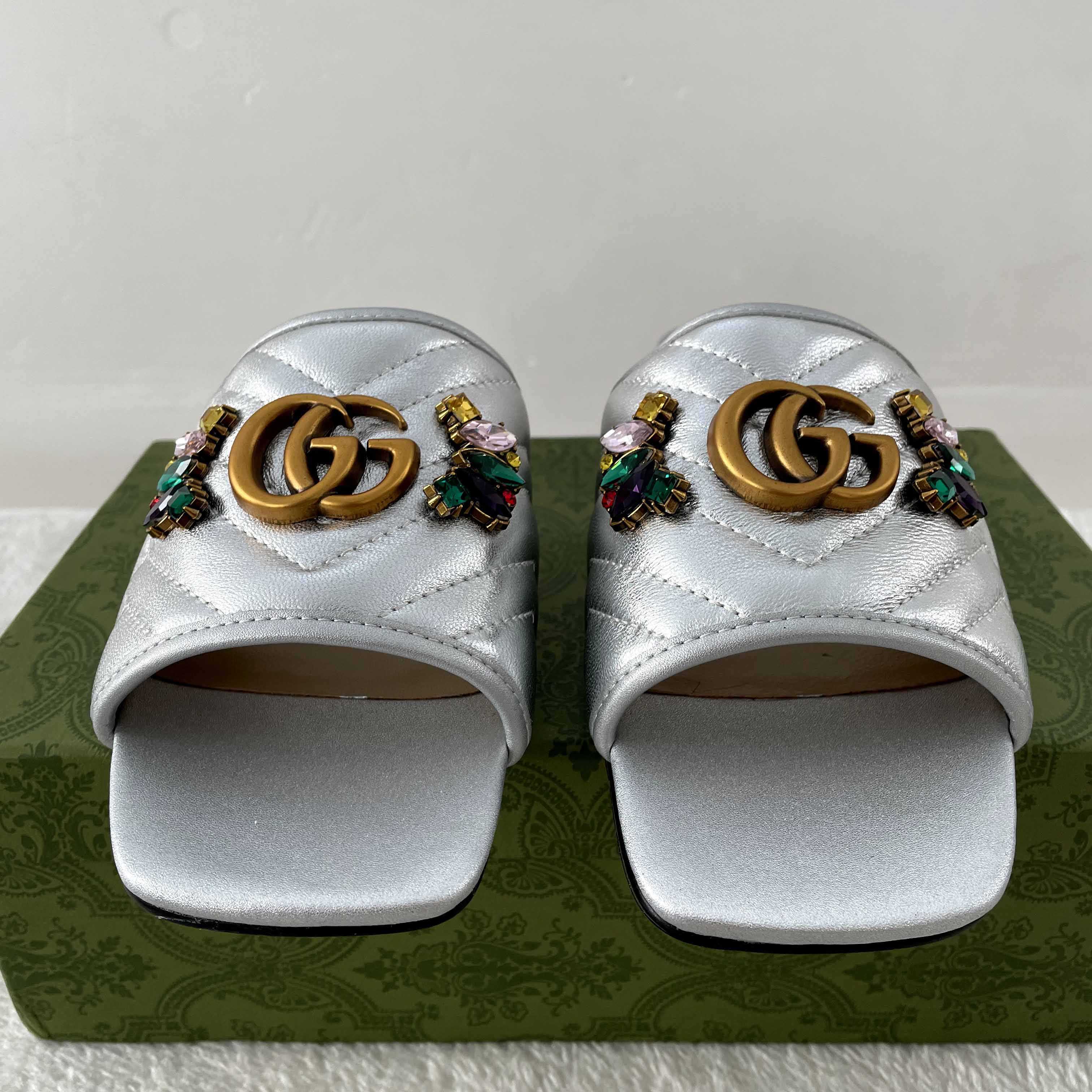 Gucci Women's Crystal Embellished Leather Slide Sandals - EUR FASHION