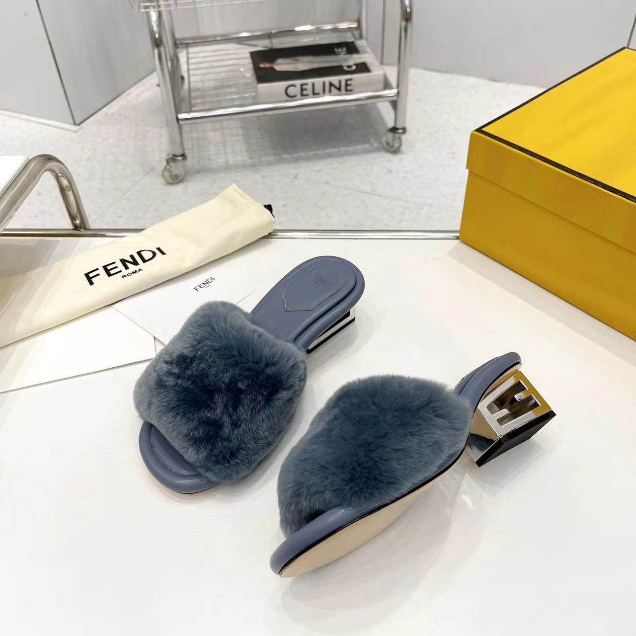Fendi Baguette Blue Mink Slides - EUR FASHION