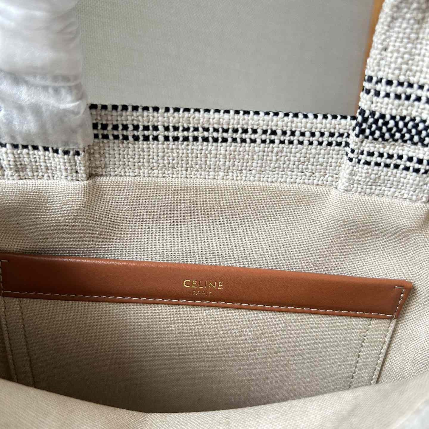 Celine Small Cabas Thais In Striped Textile With Celine jacquard White / Black  - EUR FASHION