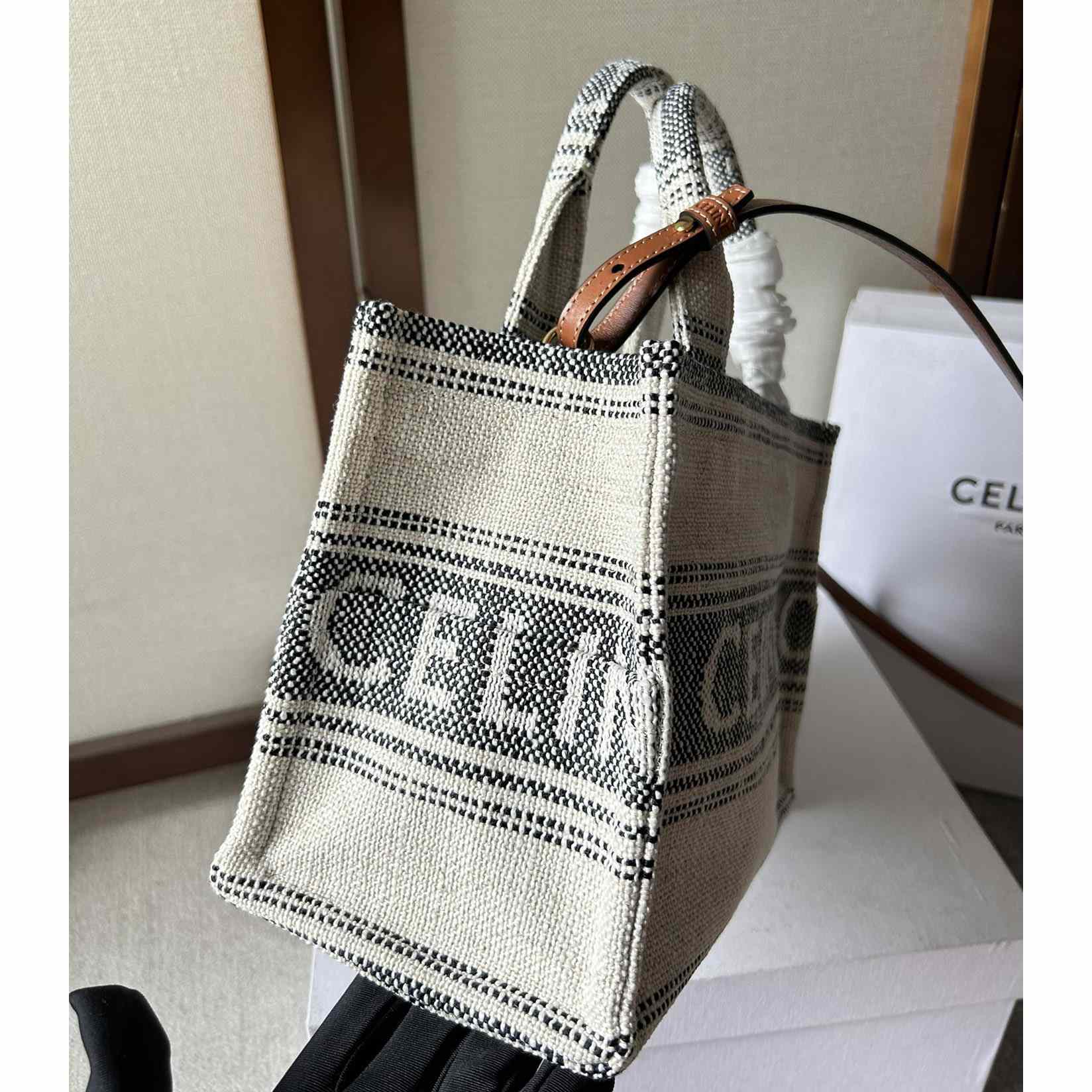 Celine Small Cabas Thais In Striped Textile With Celine jacquard White / Black  - EUR FASHION