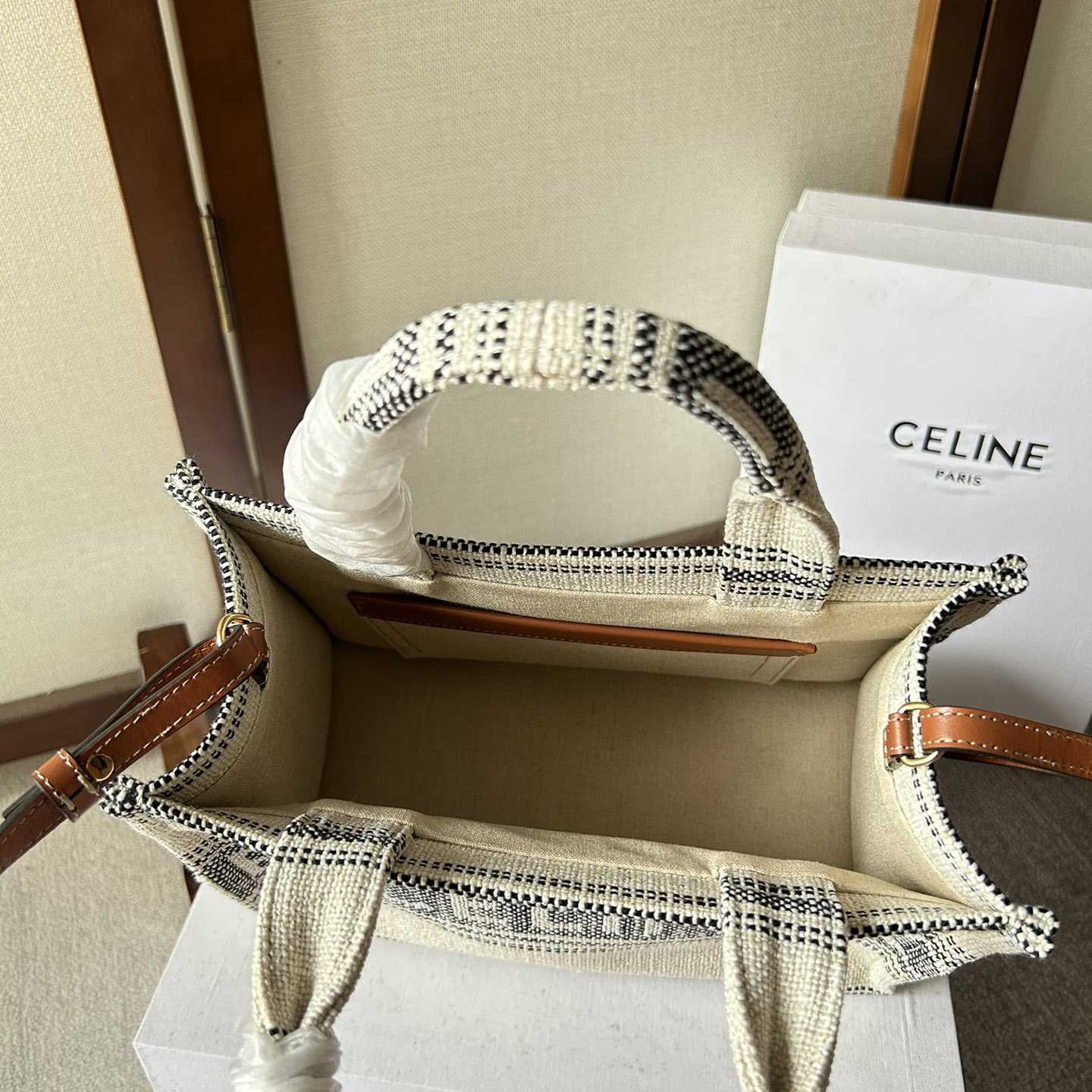 Celine Small Cabas Thais In Striped Textile With Celine jacquard White / Black  - EUR FASHION