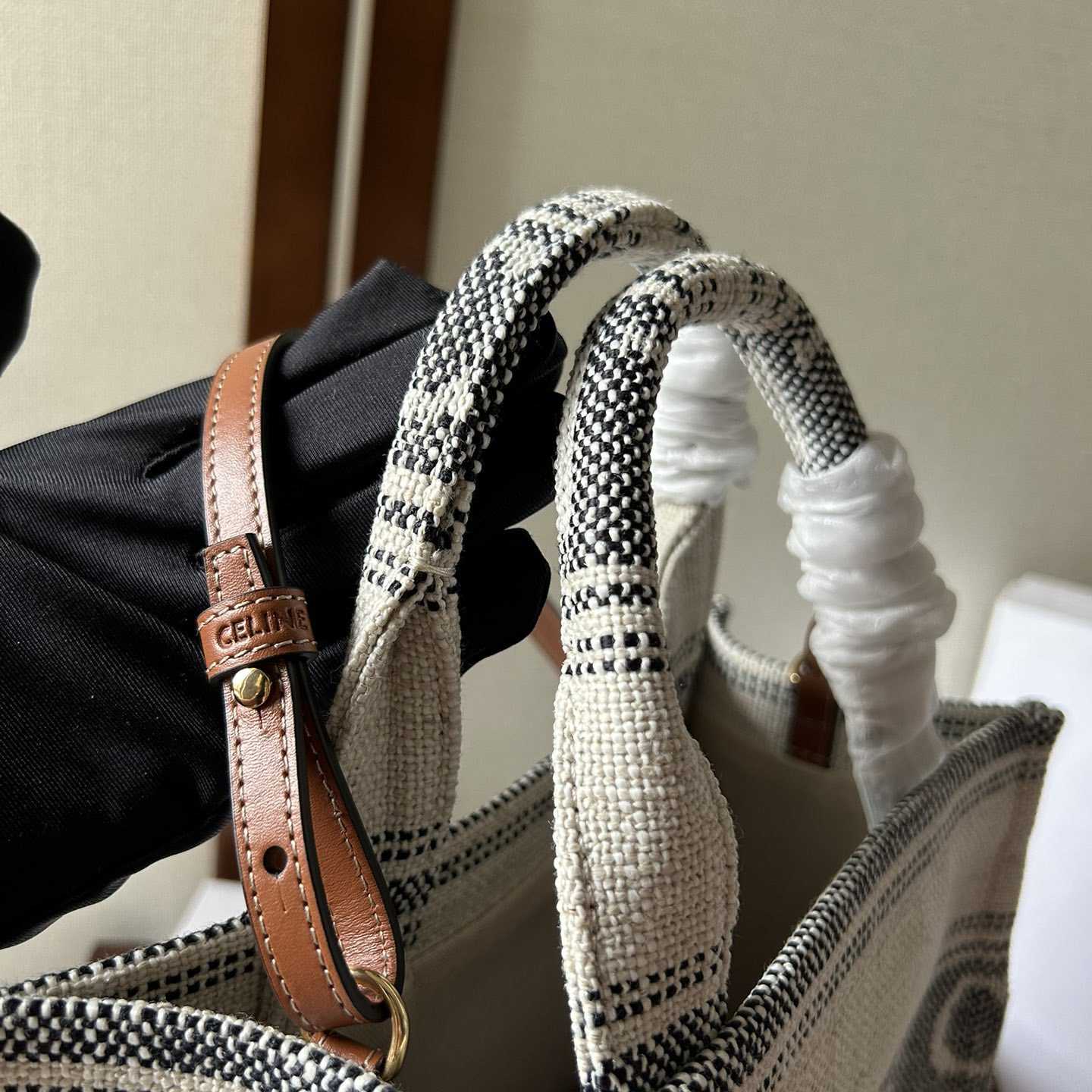Celine Small Cabas Thais In Striped Textile With Celine jacquard White / Black  - EUR FASHION