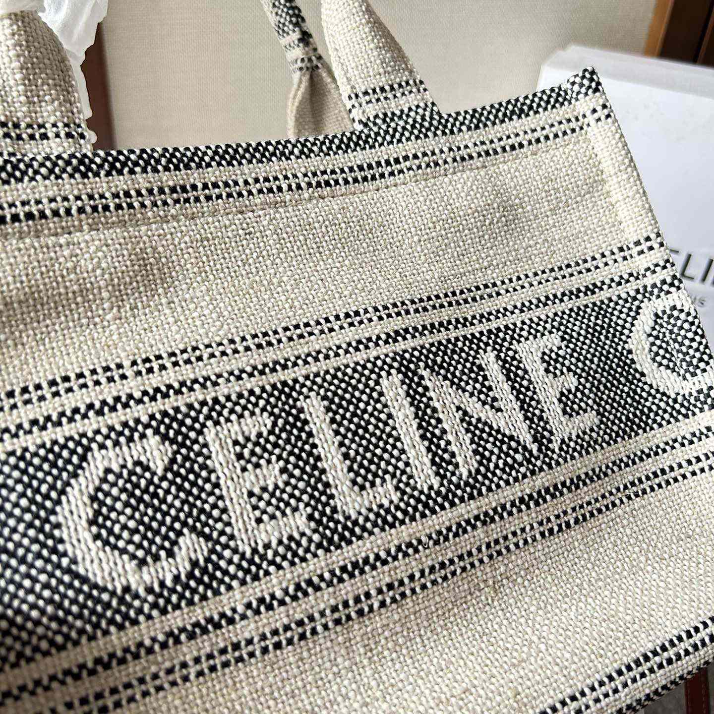Celine Small Cabas Thais In Striped Textile With Celine jacquard White / Black  - EUR FASHION