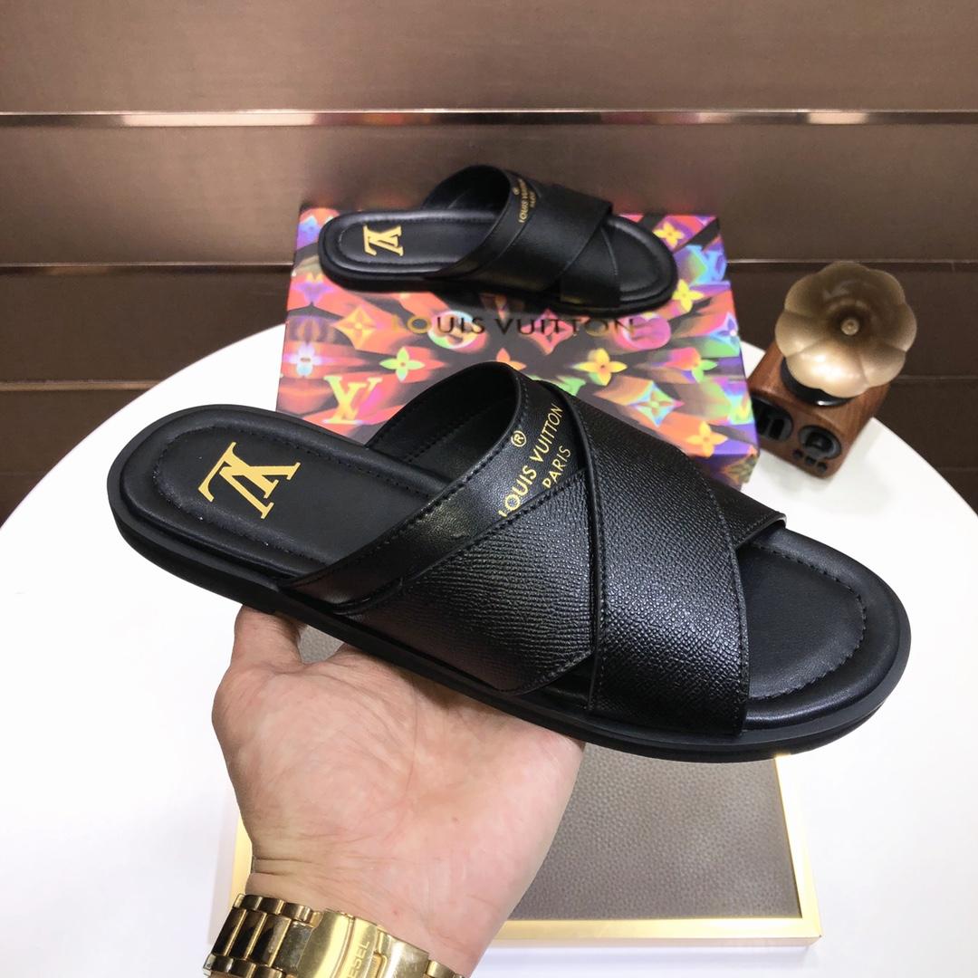 Louis Vuitton Black Leather Foch Cross Strap Flat Slides - EUR FASHION
