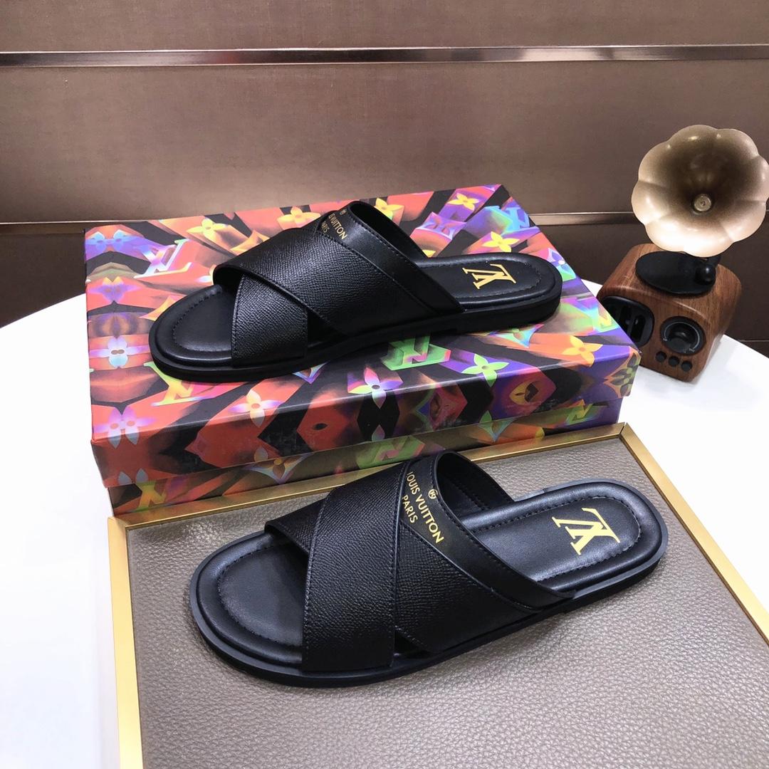 Louis Vuitton Black Leather Foch Cross Strap Flat Slides - EUR FASHION