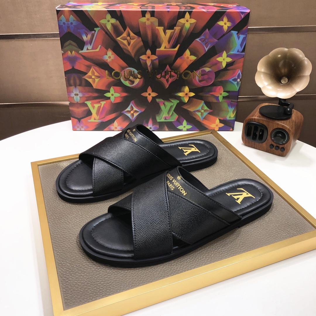 Louis Vuitton Black Leather Foch Cross Strap Flat Slides - EUR FASHION