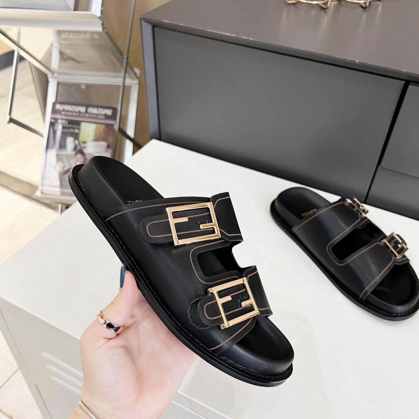 Fendi Feel Black Leather Slides - EUR FASHION