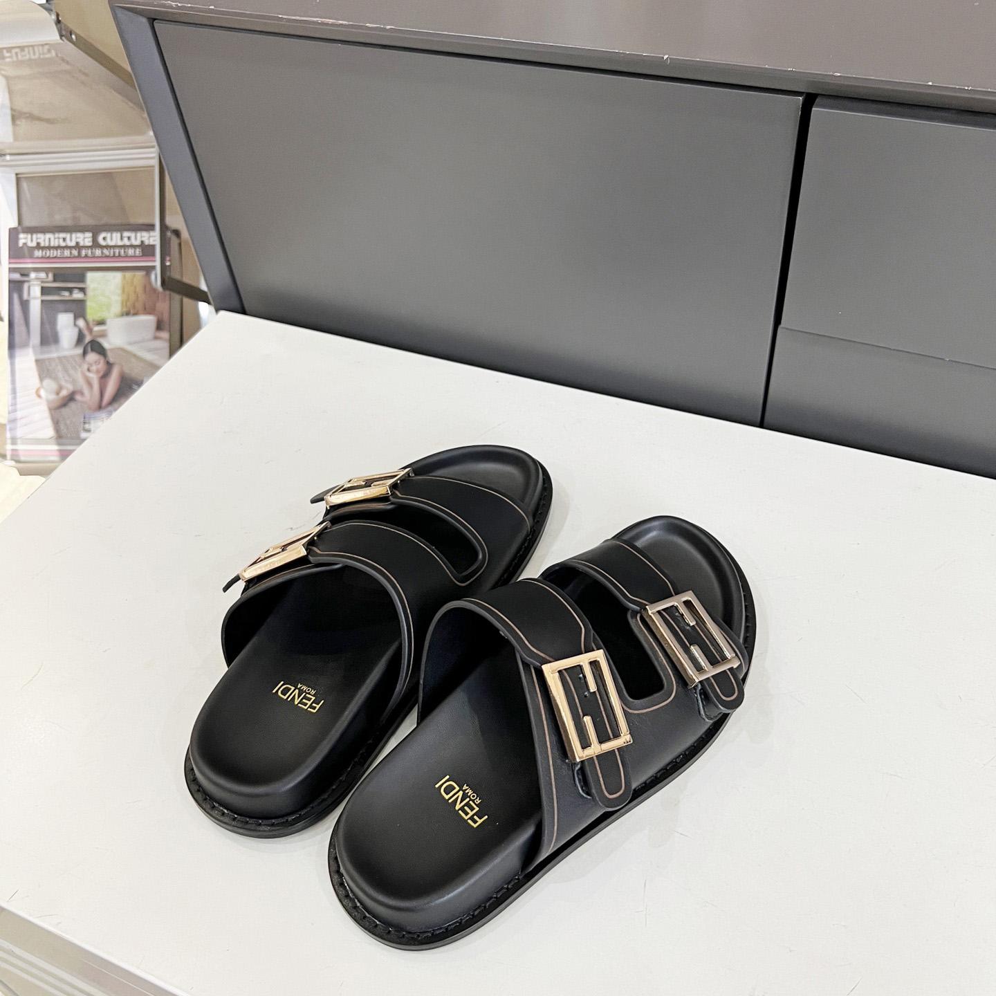 Fendi Feel Black Leather Slides - EUR FASHION