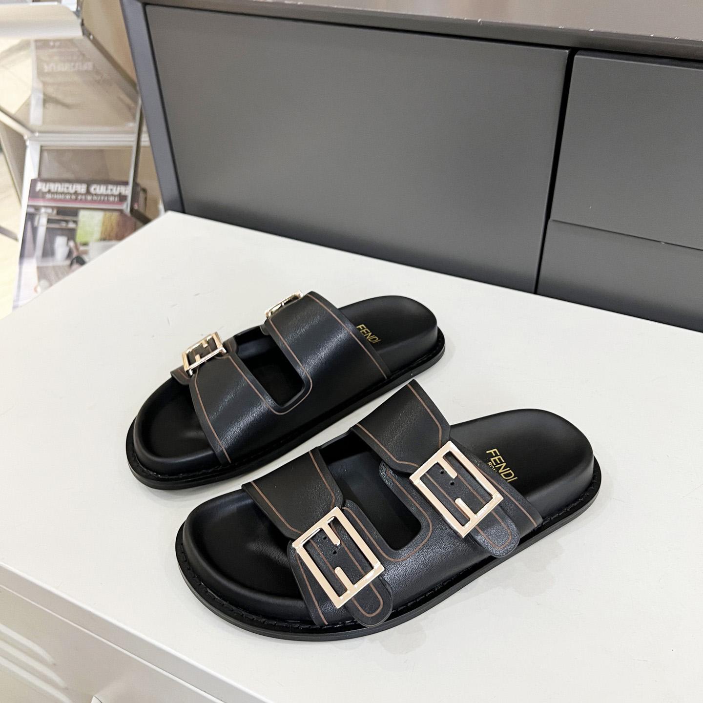 Fendi Feel Black Leather Slides - EUR FASHION