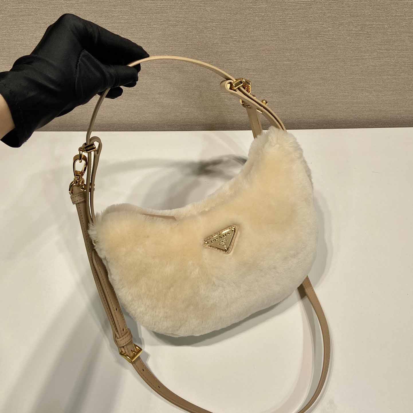 Prada Arqué Shearling And Leather Shoulder Bag - EUR FASHION