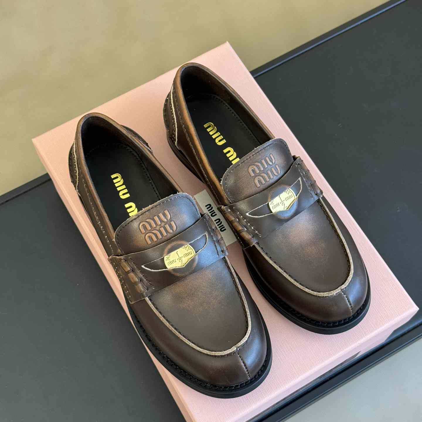 Miu Miu Vintage-effect Leather Penny Loafers - EUR FASHION