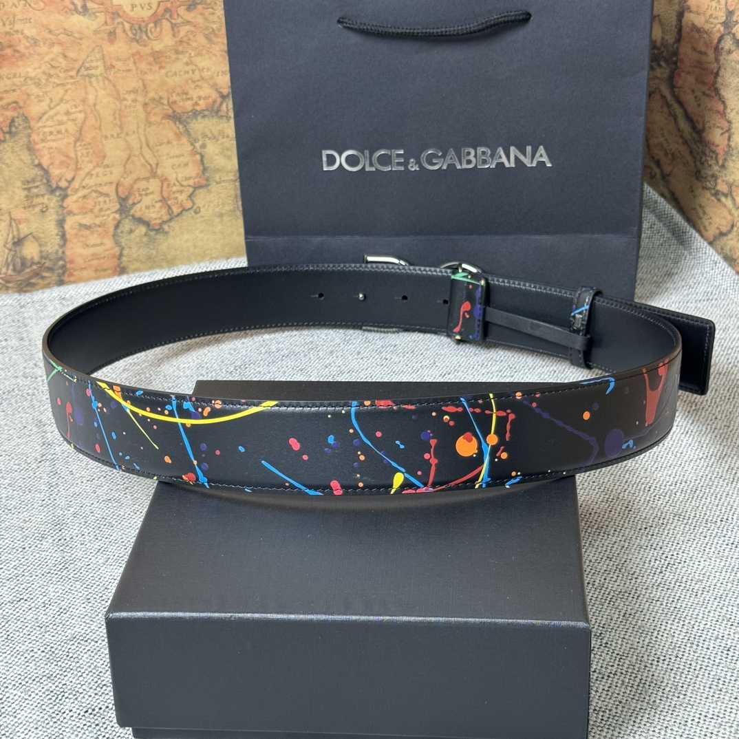 Dolce & Gabbana Paint Splatter Logo Buckle Leather Belt - EUR FASHION