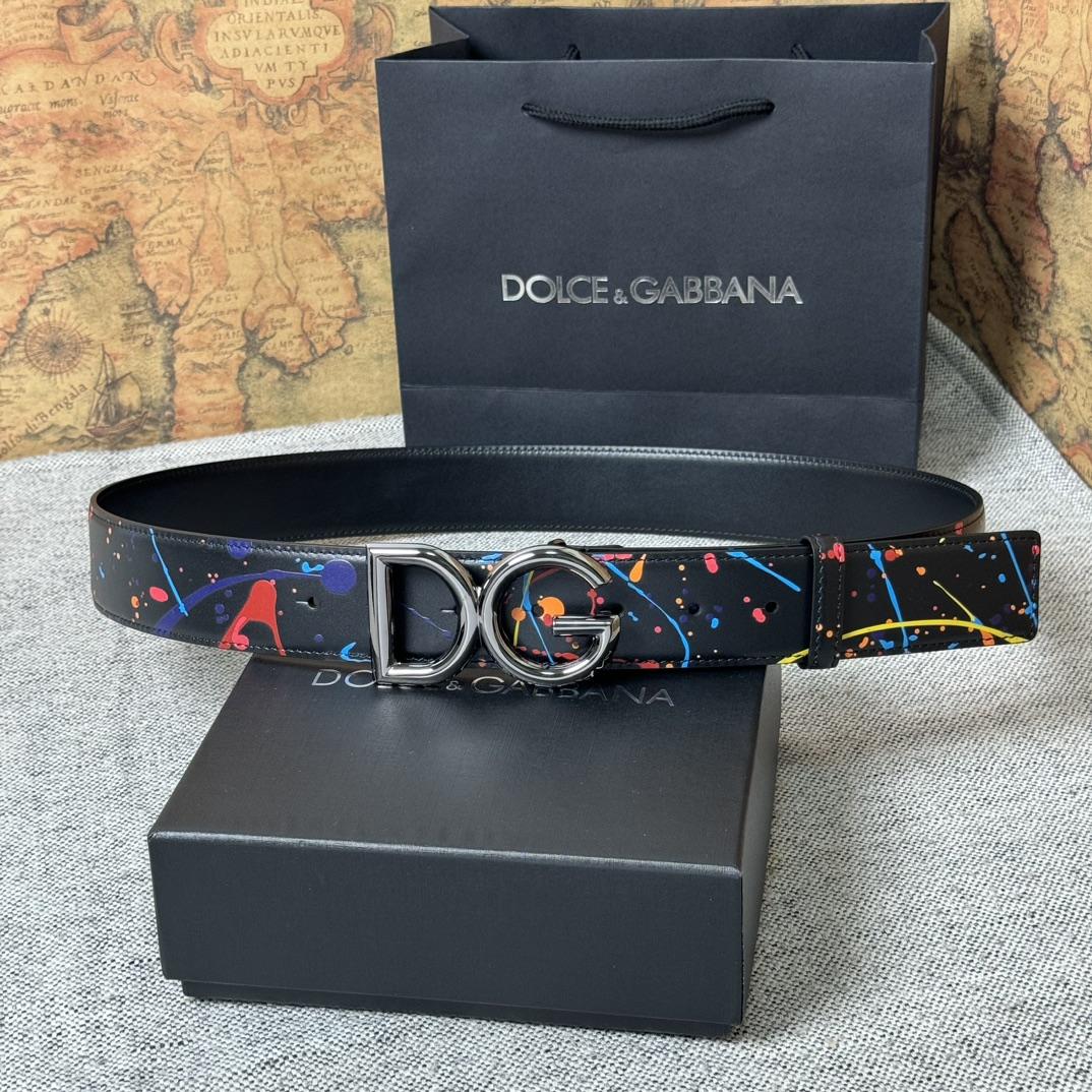 Dolce & Gabbana Paint Splatter Logo Buckle Leather Belt - EUR FASHION