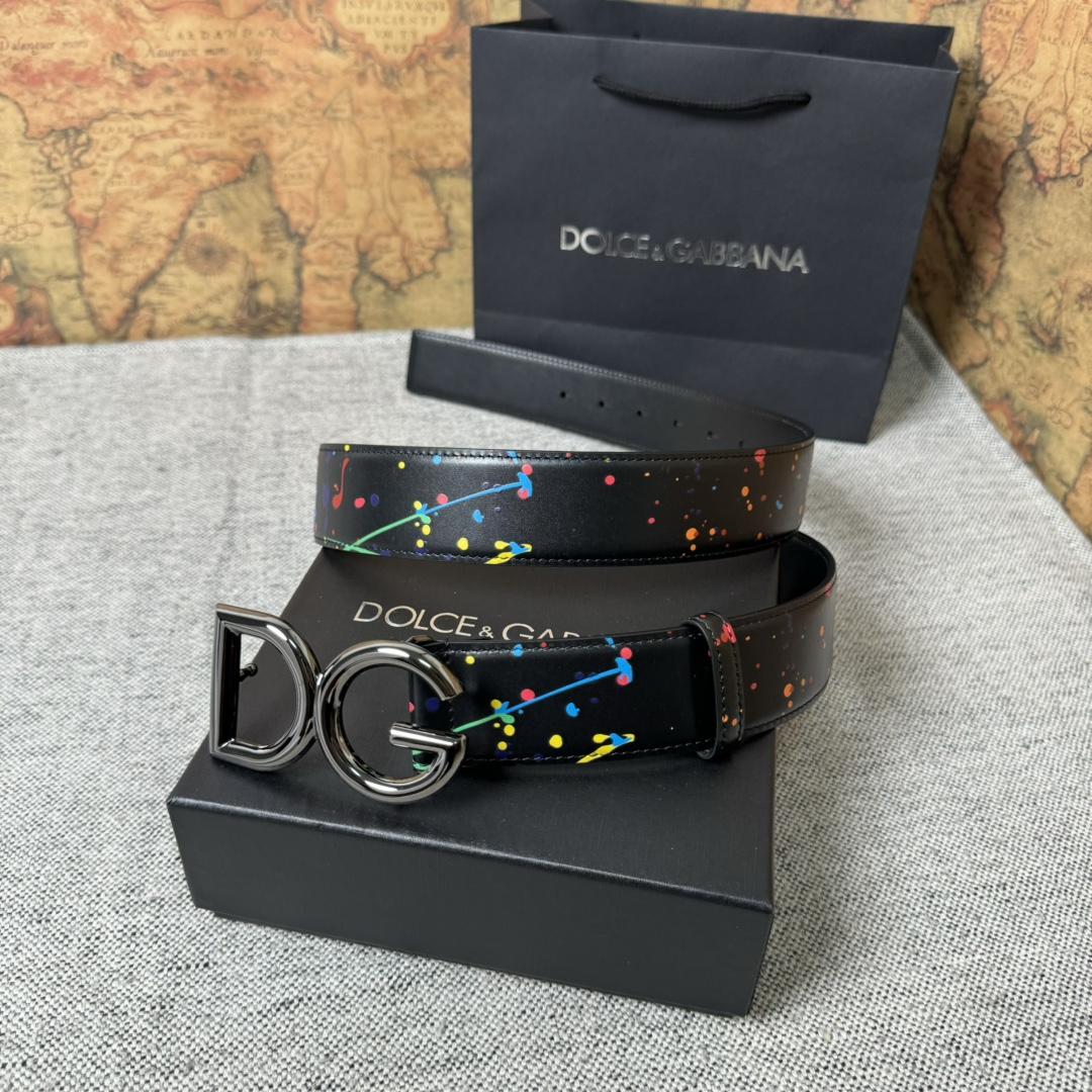 Dolce & Gabbana Paint Splatter Logo Buckle Leather Belt - EUR FASHION