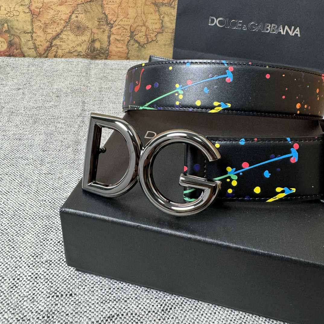 Dolce & Gabbana Paint Splatter Logo Buckle Leather Belt - EUR FASHION
