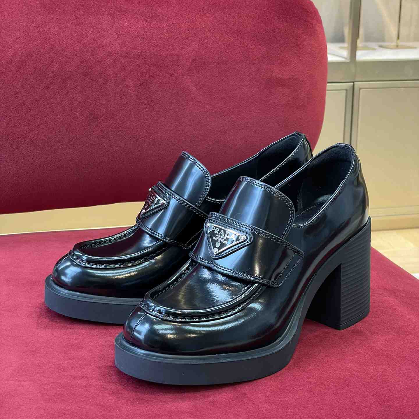 Prada Chocolate High-Heeled Brushed Leather Loafers   - EUR FASHION