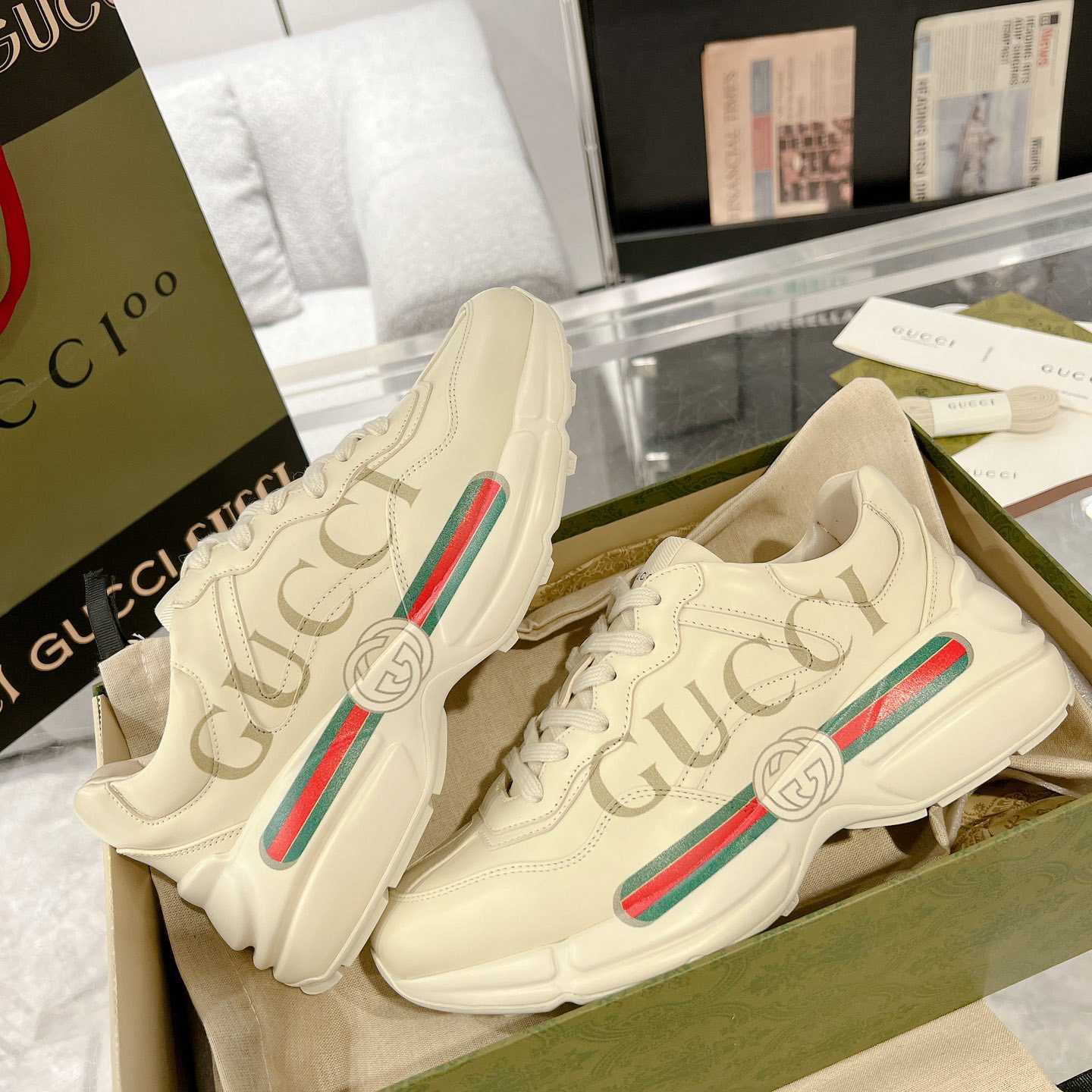 Gucci Rhyton Logo Ivory Leather Sneaker - EUR FASHION