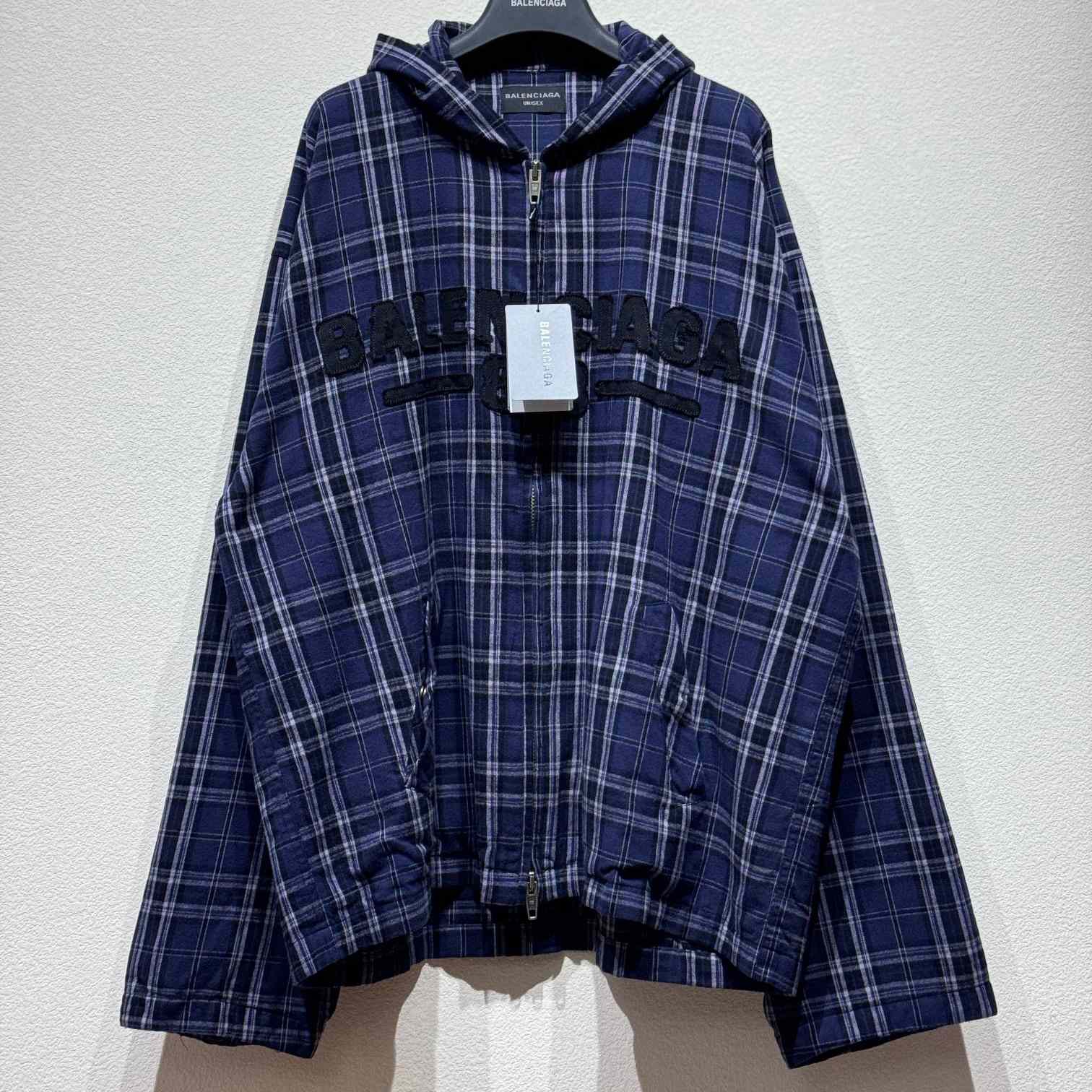 Balenciaga BB Center Logo Blue Check Hood Jacket - EUR FASHION