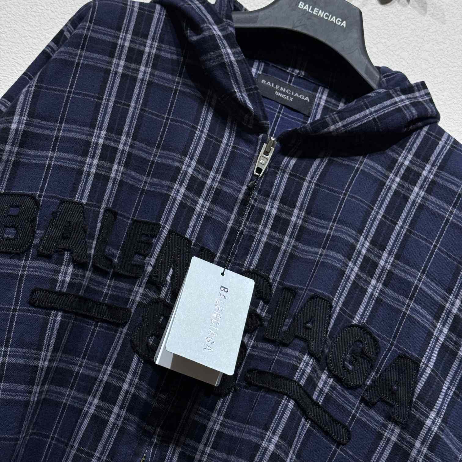 Balenciaga BB Center Logo Blue Check Hood Jacket - EUR FASHION